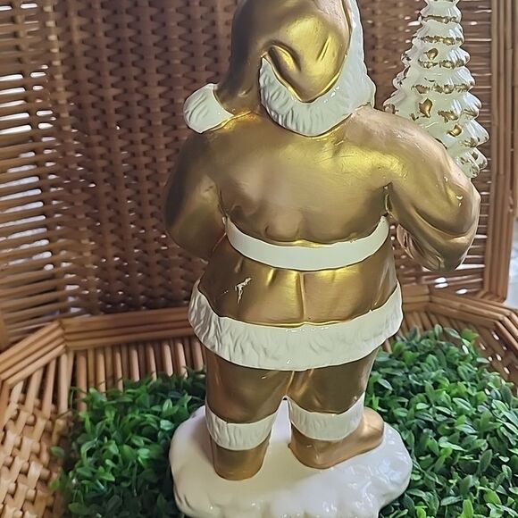 Vintage Matte Gold Tone Santa With Tree & Bell - Picture 8 of 12